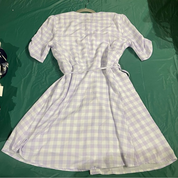 Lavender Purple, White Gingham Low Cut Wrap Mini Dress - Picture 4 of 5